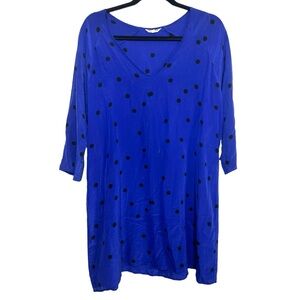 Ali Golden 100% Silk Blue Black Polka Dot 3/4 Sleeve Flowy Dress Size S/M